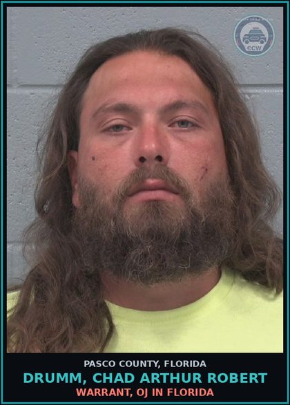 CCW arrest card for DRUMM, CHAD ARTHUR ROBERT in Pasco County: WARRANT, OJ IN FLORIDA