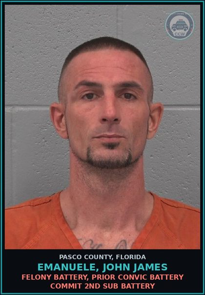 CCW arrest card for EMANUELE, JOHN JAMES in Pasco County: FELONY BATTERY, PRIOR CONVIC BATTERY COMMIT 2ND SUB BATTERY