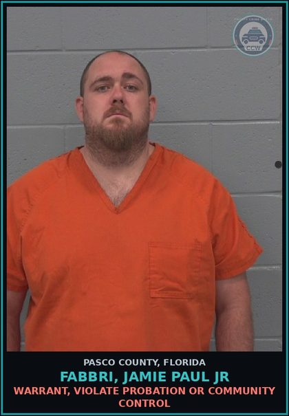 CCW arrest card for FABBRI, JAMIE PAUL JR in Pasco County: WARRANT, VIOLATE PROBATION OR COMMUNITY CONTROL
