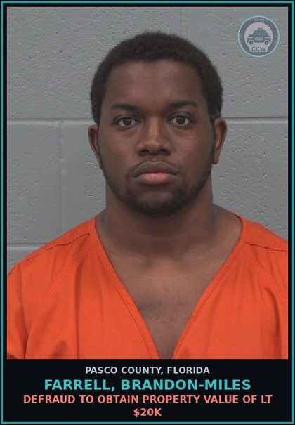 CCW arrest card for FARRELL, BRANDON-MILES in Pasco County: DEFRAUD TO OBTAIN PROPERTY VALUE OF LT $20K