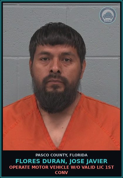 CCW arrest card for FLORES DURAN, JOSE JAVIER in Pasco County: OPERATE MOTOR VEHICLE W/O VALID LIC 1ST CONV