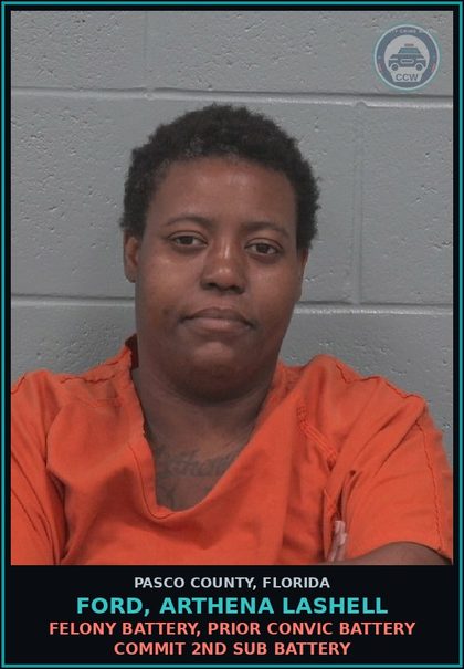 CCW arrest card for FORD, ARTHENA LASHELL in Pasco County: FELONY BATTERY, PRIOR CONVIC BATTERY COMMIT 2ND SUB BATTERY