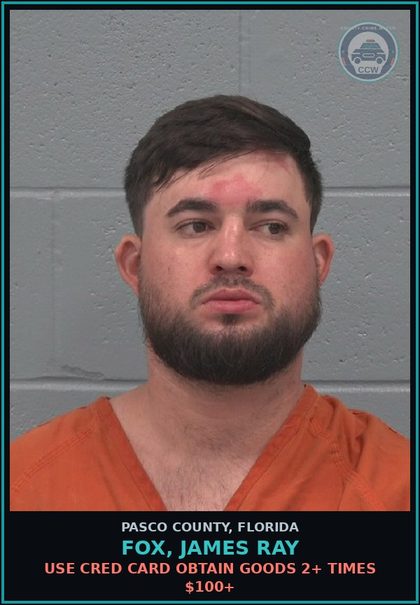 CCW arrest card for FOX, JAMES RAY in Pasco County: USE CRED CARD OBTAIN GOODS 2+ TIMES $100+