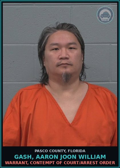 CCW arrest card for GASH, AARON JOON WILLIAM in Pasco County: WARRANT, CONTEMPT OF COURT/ARREST ORDER