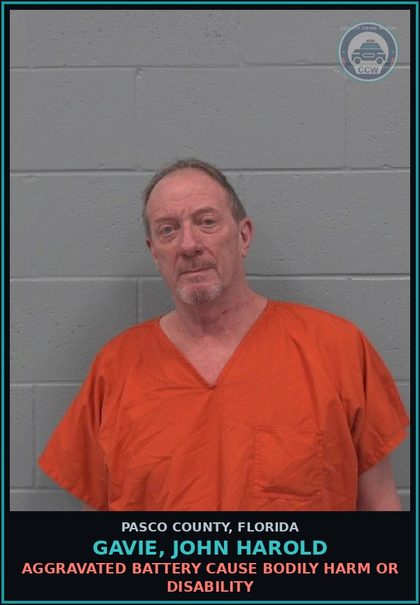 CCW arrest card for GAVIE, JOHN HAROLD in Pasco County: AGGRAVATED BATTERY CAUSE BODILY HARM OR DISABILITY