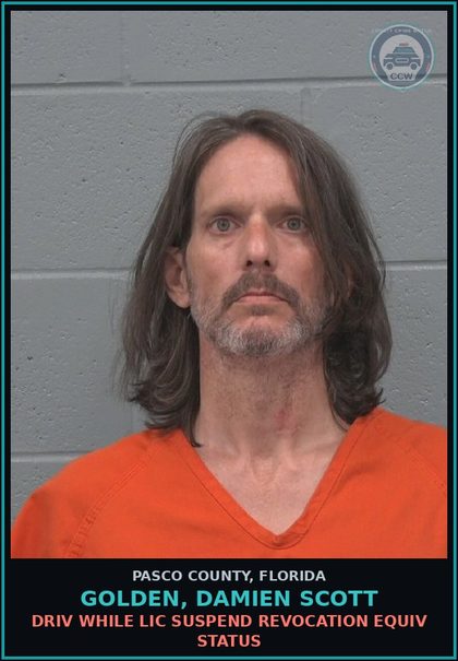 CCW arrest card for GOLDEN, DAMIEN SCOTT in Pasco County: DRIV WHILE LIC SUSPEND REVOCATION EQUIV STATUS