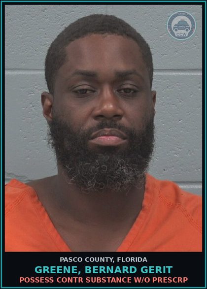 CCW arrest card for GREENE, BERNARD GERIT in Pasco County: POSSESS contr substance W/O PRESCRIPTION