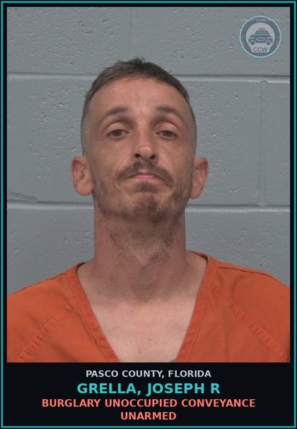 CCW arrest card for GRELLA, JOSEPH R in Pasco County: BURGLARY UNOCCUPIED CONVEYANCE UNARMED
