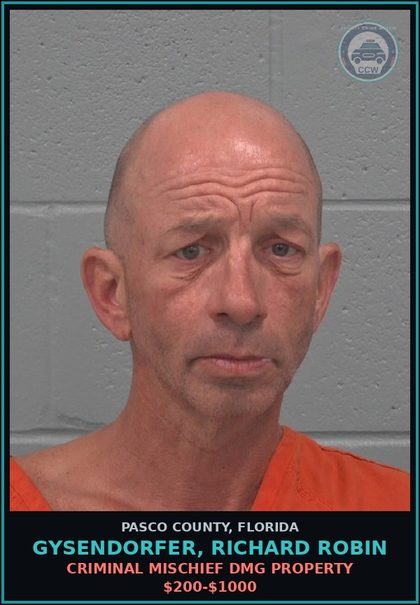 CCW arrest card for GYSENDORFER, RICHARD ROBIN in Pasco County: CRIMINAL MISCHIEF DMG PROPERTY $200-$1000