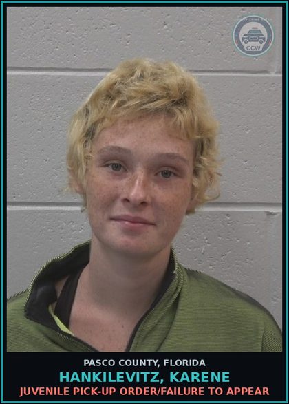CCW arrest card for HANKILEVITZ, KARENE in Pasco County: JUVENILE PICK-UP ORDER/FAILURE TO APPEAR