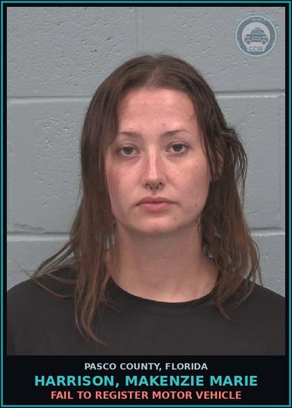 CCW arrest card for HARRISON, MAKENZIE MARIE in Pasco County: FAIL TO REGISTER MOTOR VEHICLE