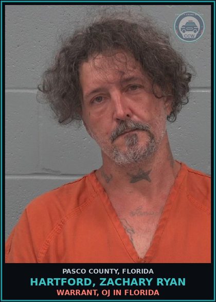 CCW arrest card for HARTFORD, ZACHARY RYAN in Pasco County: WARRANT, OJ IN FLORIDA