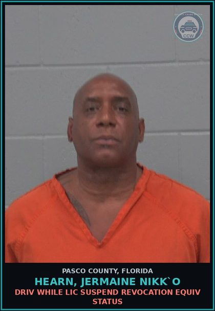 CCW arrest card for HEARN, JERMAINE NIKK`O in Pasco County: DRIV WHILE LIC SUSPEND REVOCATION EQUIV STATUS