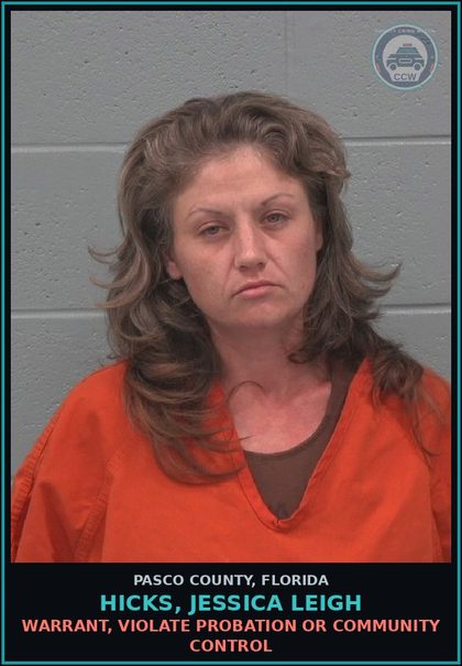 CCW arrest card for HICKS, JESSICA LEIGH in Pasco County: WARRANT, VIOLATE PROBATION OR COMMUNITY CONTROL