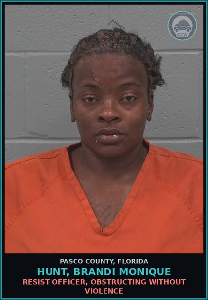 CCW arrest card for HUNT, BRANDI MONIQUE in Pasco County: POSSESS contr substance W/O PRESCRIPTION