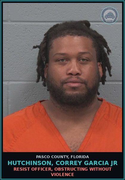 CCW arrest card for HUTCHINSON, CORREY GARCIA JR in Pasco County: RESIST OFFICER, OBSTRUCTING WITHOUT VIOLENCE