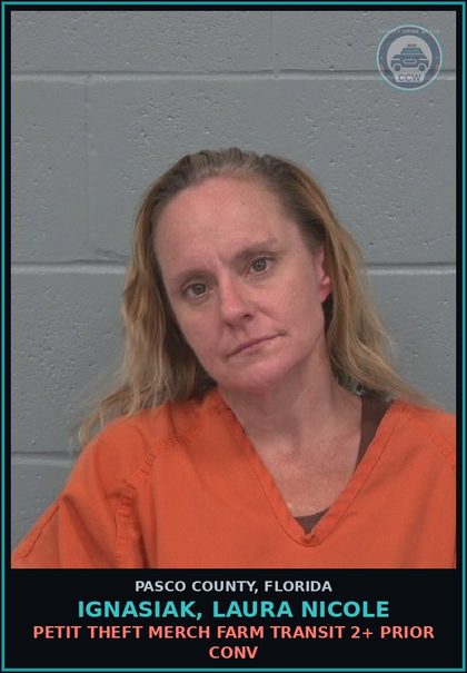 CCW arrest card for IGNASIAK, LAURA NICOLE in Pasco County: PETIT THEFT MERCH FARM TRANSIT 2+ PRIOR CONV