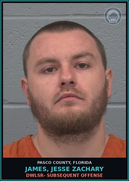 CCW arrest card for JAMES, JESSE ZACHARY in Pasco County: DWLSR- SUBSEQUENT OFFENSE