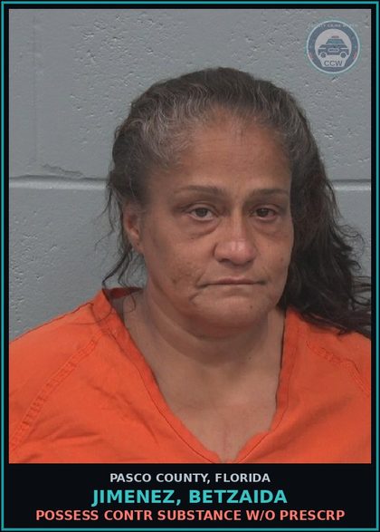 CCW arrest card for JIMENEZ, BETZAIDA in Pasco County: POSSESS contr substance W/O PRESCRIPTION