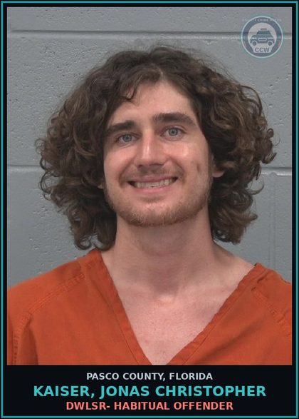 CCW arrest card for KAISER, JONAS CHRISTOPHER in Pasco County: DWLSR- HABITUAL OFFENDER