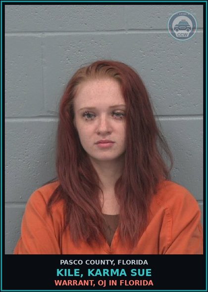 CCW arrest card for KILE, KARMA SUE in Pasco County: WARRANT, OJ IN FLORIDA