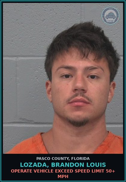 CCW arrest card for LOZADA, BRANDON LOUIS in Pasco County: OPERATE VEHICLE EXCEED SPEED LIMIT 50+ MPH