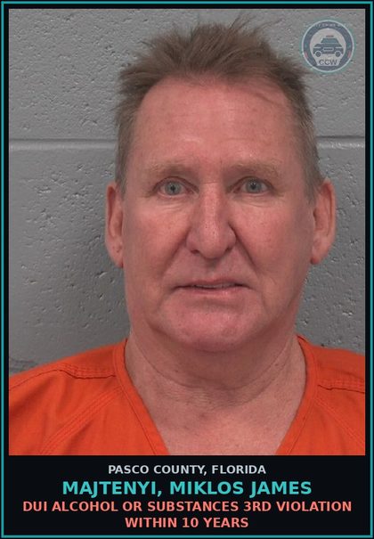 CCW arrest card for MAJTENYI, MIKLOS JAMES in Pasco County: DUI ALCOHOL OR DRUGS 3RD VIOLATION WITHIN 10 YEARS