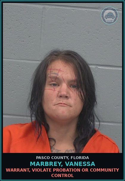 CCW arrest card for MARBREY, VANESSA in Pasco County: WARRANT, VIOLATE PROBATION OR COMMUNITY CONTROL