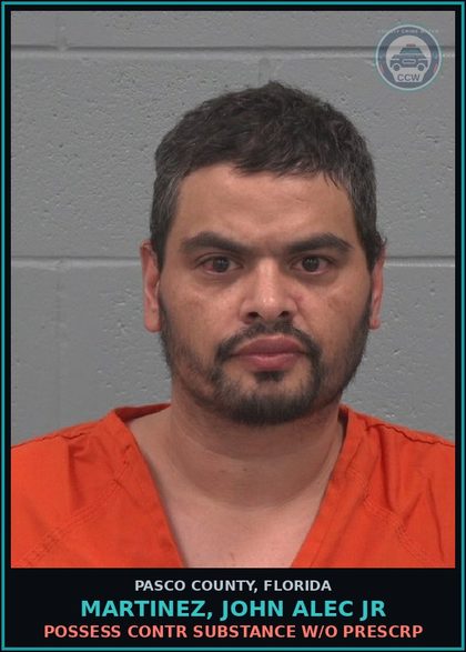 CCW arrest card for MARTINEZ, JOHN ALEC JR in Pasco County: POSSESS contr substance W/O PRESCRIPTION