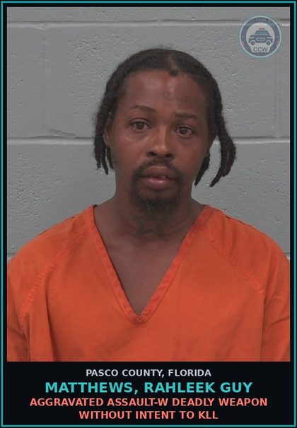 CCW arrest card for MATTHEWS, RAHLEEK GUY in Pasco County: AGGRAVATED ASSAULT-W DEADLY WEAPON WITHOUT INTENT TO KILL