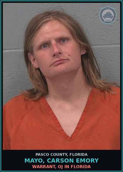 CCW arrest card for MAYO, CARSON EMORY in Pasco County: WARRANT, OJ IN FLORIDA