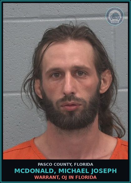 CCW arrest card for MCDONALD, MICHAEL JOSEPH in Pasco County: WARRANT, OJ IN FLORIDA