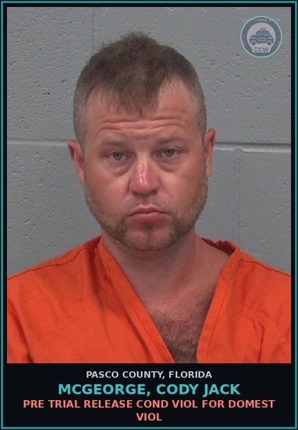 CCW arrest card for MCGEORGE, CODY JACK in Pasco County: PRE TRIAL RELEASE COND VIOL FOR DOMEST VIOL