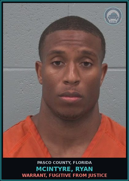 CCW arrest card for MCINTYRE, RYAN in Pasco County: WARRANT, FUGITIVE FROM JUSTICE