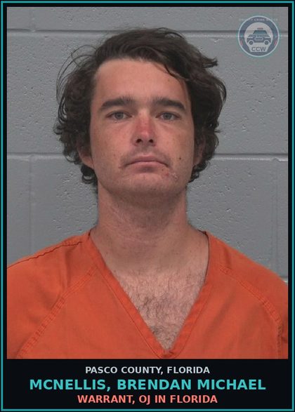 CCW arrest card for MCNELLIS, BRENDAN MICHAEL in Pasco County: WARRANT, OJ IN FLORIDA