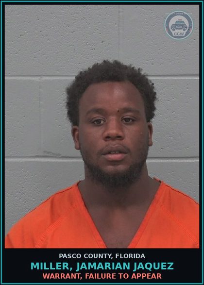 CCW arrest card for MILLER, JAMARIAN JAQUEZ in Pasco County: WARRANT, FAILURE TO APPEAR