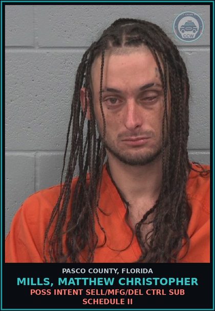 CCW arrest card for MILLS, MATTHEW CHRISTOPHER in Pasco County: POSS INTENT SELL/MFG/DEL CTRL SUB SCHEDULE II