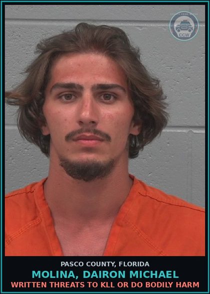CCW arrest card for MOLINA, DAIRON MICHAEL in Pasco County: WRITTEN THREATS TO KILL OR DO BODILY HARM