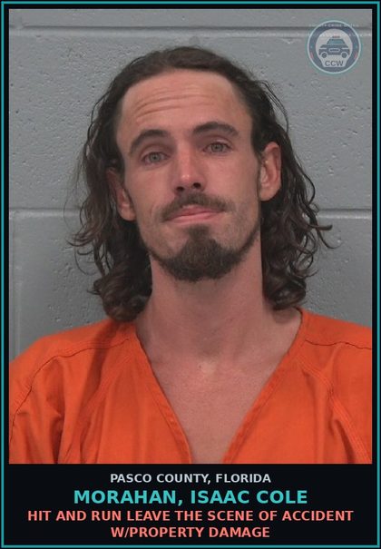 CCW arrest card for MORAHAN, ISAAC COLE in Pasco County: HIT AND RUN LEAVE THE SCENE OF ACCIDENT W/PROPERTY DAMAGE