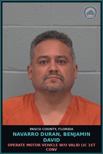 CCW arrest card for NAVARRO DURAN, BENJAMIN DAVID in Pasco County: OPERATE MOTOR VEHICLE W/O VALID LIC 1ST CONV