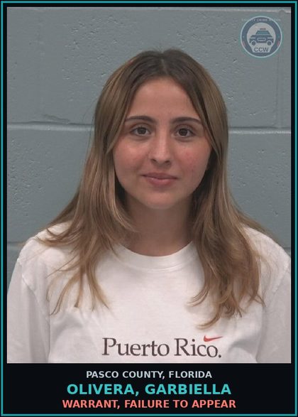 CCW arrest card for OLIVERA, GARBIELLA in Pasco County: WARRANT, FAILURE TO APPEAR