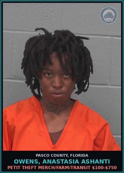 CCW arrest card for OWENS, ANASTASIA ASHANTI in Pasco County: PETIT THEFT MERCH/FARM/TRANSIT $100-$750