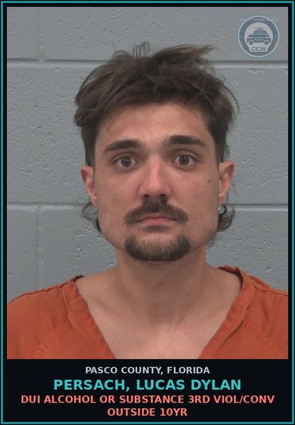 CCW arrest card for PERSACH, LUCAS DYLAN in Pasco County: DUI ALCOHOL OR DRUG 3RD VIOL/CONV OUTSIDE 10YR
