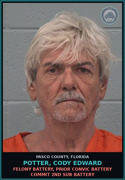 CCW arrest card for POTTER, CODY EDWARD in Pasco County: FELONY BATTERY, PRIOR CONVIC BATTERY COMMIT 2ND SUB BATTERY