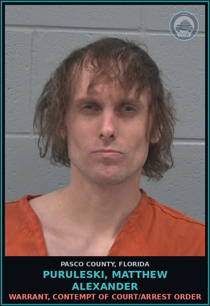 CCW arrest card for PURULESKI, MATTHEW ALEXANDER in Pasco County: WARRANT, CONTEMPT OF COURT/ARREST ORDER