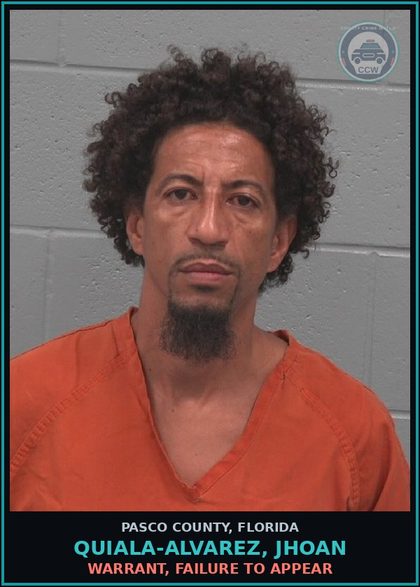 CCW arrest card for QUIALA-ALVAREZ, JHOAN in Pasco County: WARRANT, FAILURE TO APPEAR