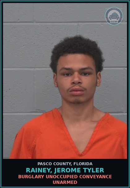 CCW arrest card for RAINEY, JEROME TYLER in Pasco County: BURGLARY UNOCCUPIED CONVEYANCE UNARMED