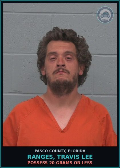CCW arrest card for RANGES, TRAVIS LEE in Pasco County: POSSESS 20 GRAMS OR LESS