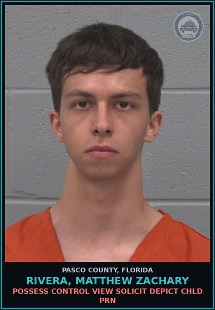 CCW arrest card for RIVERA, MATTHEW ZACHARY in Pasco County: POSSESS CONTROL VIEW SOLICIT DEPICT chld PORN
