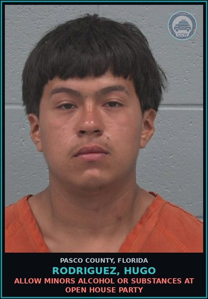 CCW arrest card for RODRIGUEZ, HUGO in Pasco County: ALLOW MINORS ALCOHOL OR DRUGS AT OPEN HOUSE PARTY